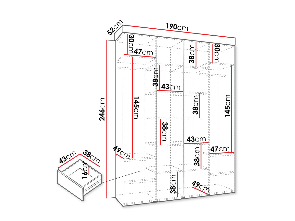 Gardróbszekrény Szafa COMO 1 170/180/190/200 (gł.42.52), Szín: Kasmír, Fogantyú színe: Aranysárga, Fiókok: Igen, Szélesség: 190 cm, Mélység: 52 cm