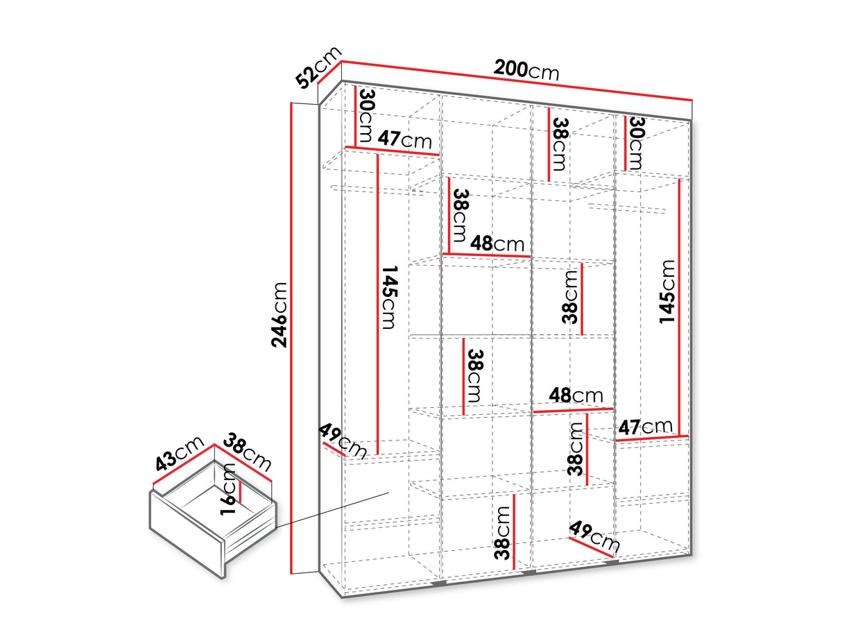 Gardróbszekrény Szafa COMO 1 170/180/190/200 (gł.42.52), Szín: Fehér, Fogantyú színe: Fekete, Fiókok: Igen, Szélesség: 200 cm, Mélység: 52 cm