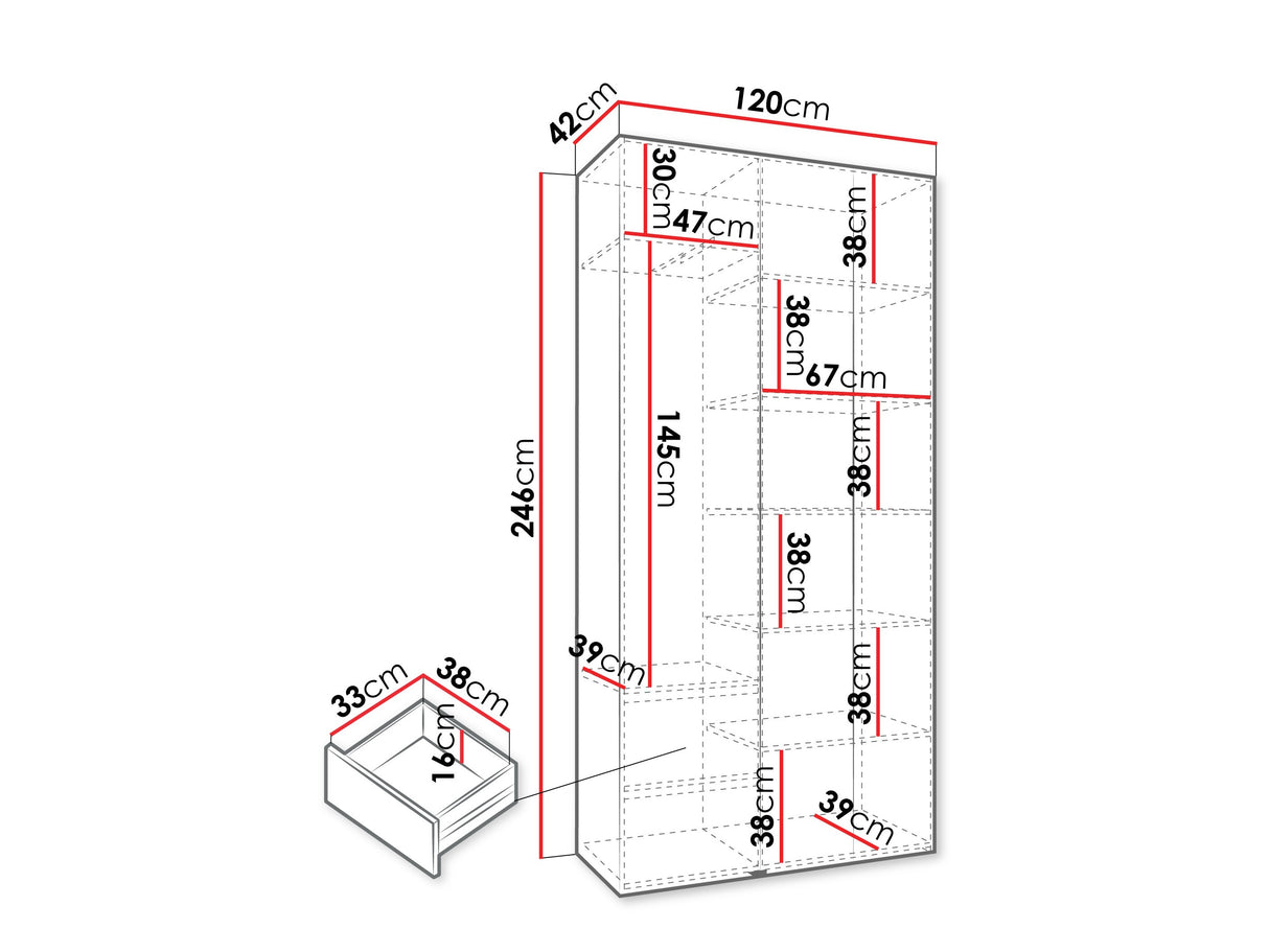 Gardróbszekrény Szafa COMO 1 120/130/140/150/160 (gł.42/52), Szín: Fehér, Fogantyú színe: Aranysárga, Fiókok: Igen, Szélesség: 120 cm, Mélység: 42 cm