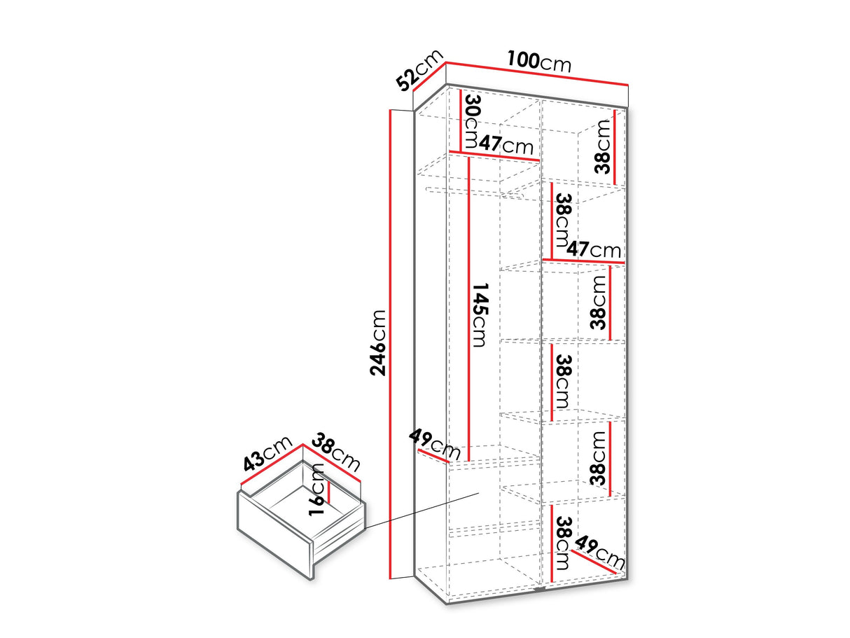 Gardróbszekrény Szafa COMO 2 100 (gł.40), Szín: Fehér, Fogantyú színe: Aranysárga, Fiókok: Igen, Szélesség: 100 cm, Mélység: 52 cm