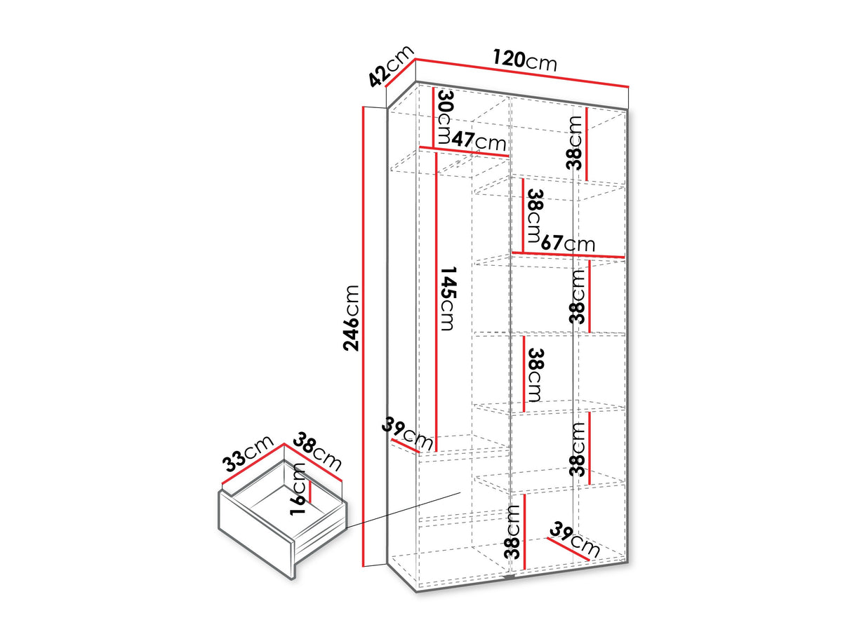 Gardróbszekrény Szafa COMO 2 120/130/140/150/160 (gł.40/50), Szín: Fehér, Fogantyú színe: Aranysárga, Fiókok: Igen, Szélesség: 120 cm, Mélység: 42 cm