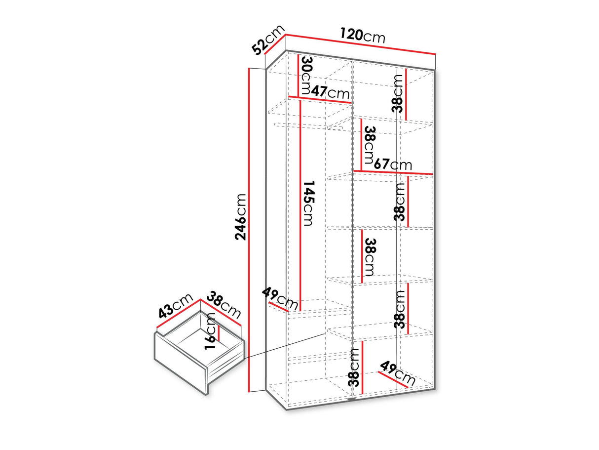 Gardróbszekrény Szafa COMO 2 120/130/140/150/160 (gł.40/50), Szín: Fehér, Fogantyú színe: Aranysárga, Fiókok: Igen, Szélesség: 120 cm, Mélység: 52 cm