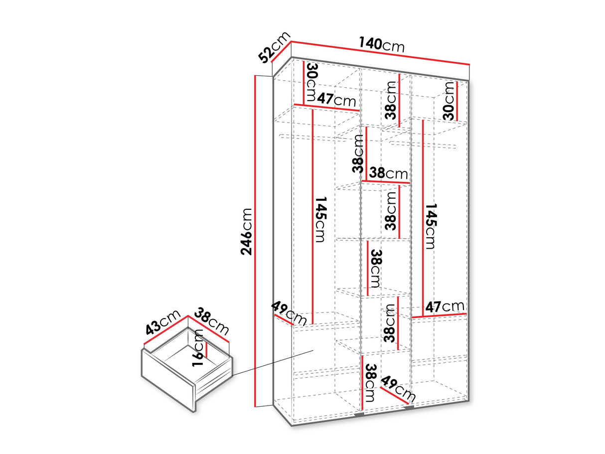 Gardróbszekrény Szafa COMO 2 120/130/140/150/160 (gł.40/50), Szín: Fehér, Fogantyú színe: Aranysárga, Fiókok: Igen, Szélesség: 140 cm, Mélység: 52 cm