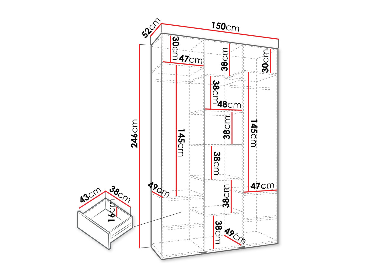 Gardróbszekrény Szafa COMO 2 120/130/140/150/160 (gł.40/50), Szín: Fehér, Fogantyú színe: Aranysárga, Fiókok: Igen, Szélesség: 150 cm, Mélység: 52 cm