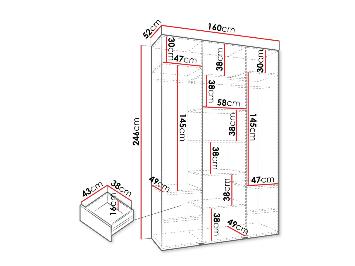 Gardróbszekrény Szafa COMO 2 120/130/140/150/160 (gł.40/50), Szín: Fehér, Fogantyú színe: Aranysárga, Fiókok: Igen, Szélesség: 160 cm, Mélység: 52 cm
