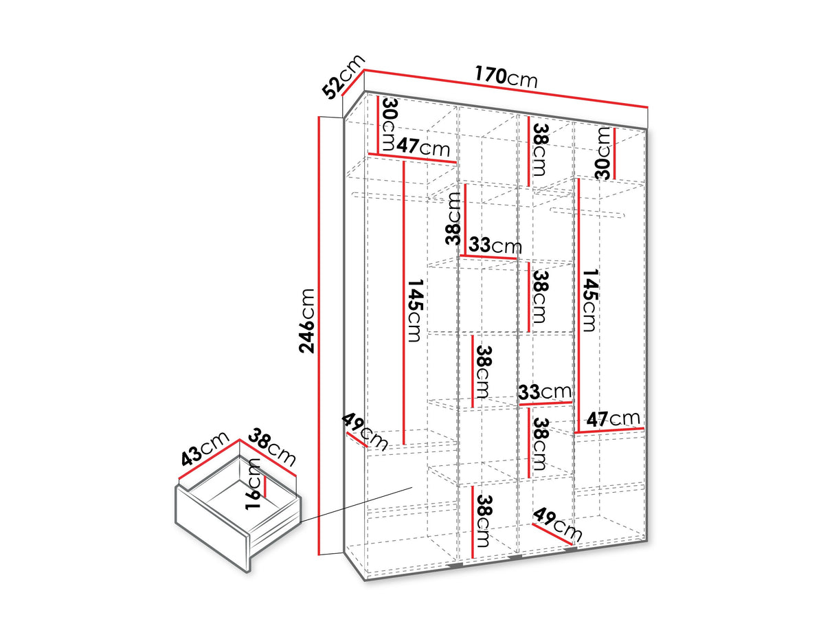 Gardróbszekrény Szafa COMO 2 170/180/190/200 (gł.40/50), Szín: Kasmír, Fogantyú színe: Aranysárga, Fiókok: Igen, Szélesség: 170 cm, Mélység: 52 cm