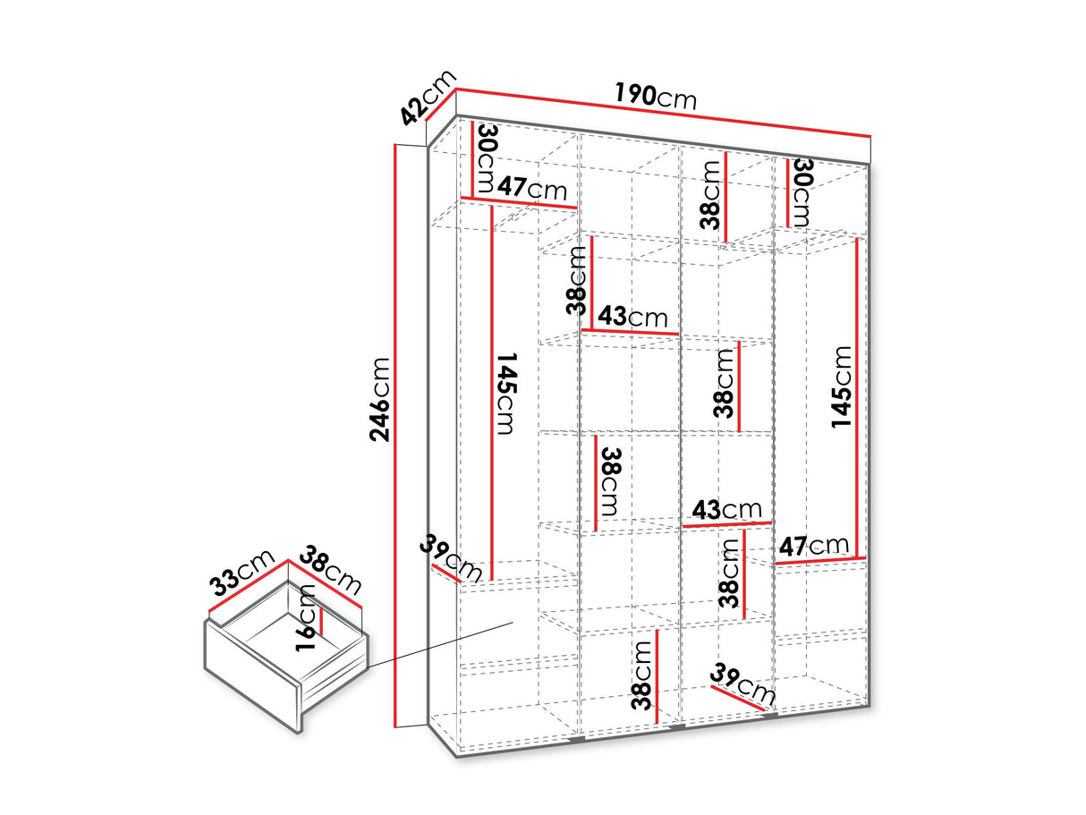 Gardróbszekrény Szafa COMO 2 170/180/190/200 (gł.40/50), Szín: Kasmír, Fogantyú színe: Fekete, Fiókok: Igen, Szélesség: 190 cm, Mélység: 42 cm
