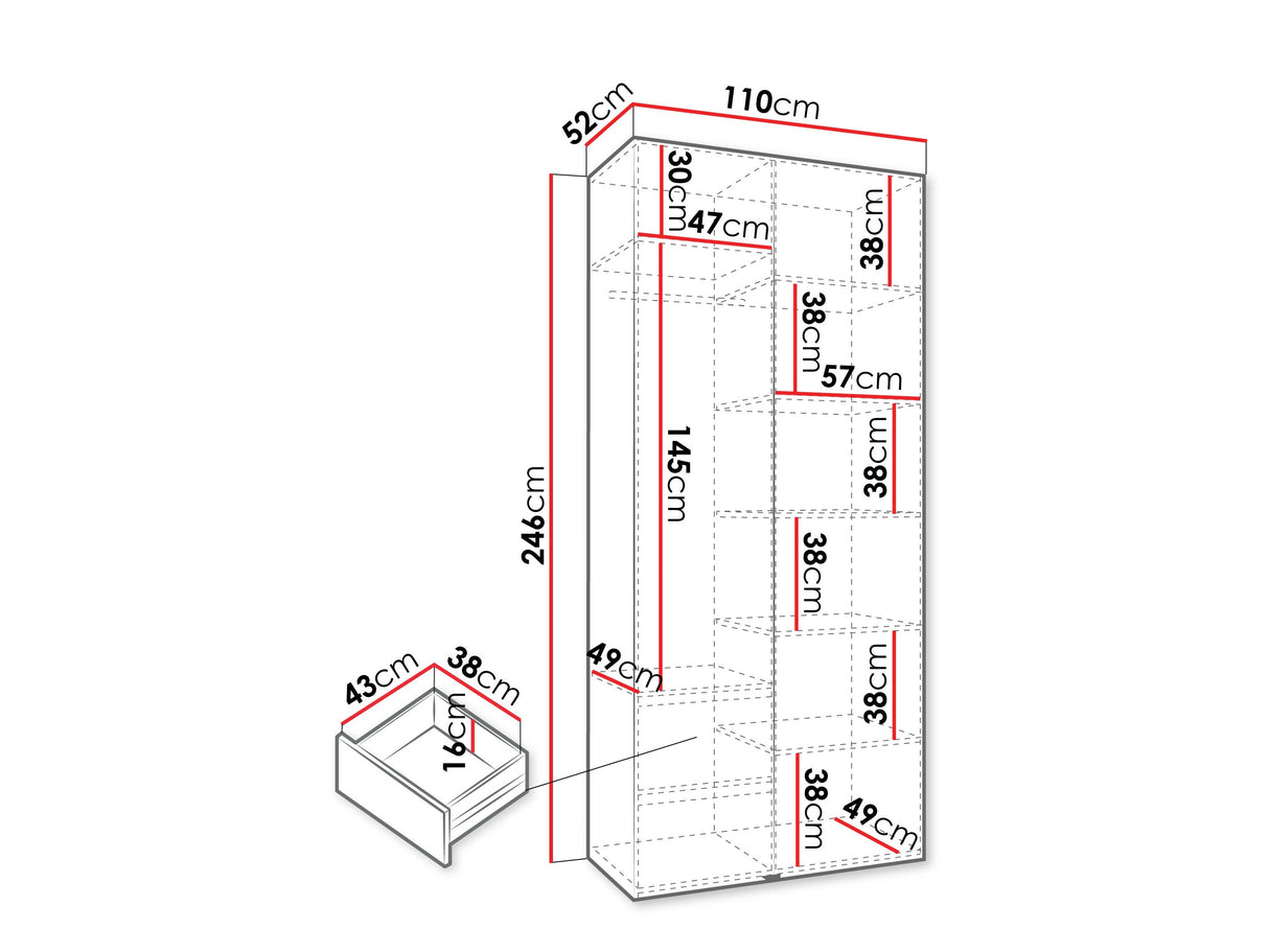 Gardróbszekrény Szafa COMO 3 100/110 (gł.40/50), Szín: Fehér, Fogantyú színe: Fekete, Fiókok: Igen, Szélesség: 110 cm, Mélység: 52 cm