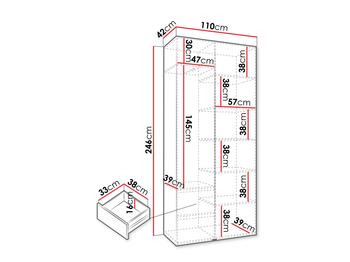 Gardróbszekrény Szafa COMO 3 100/110 (gł.40/50), Szín: Fehér, Fogantyú színe: Aranysárga, Fiókok: Igen, Szélesség: 110 cm, Mélység: 42 cm