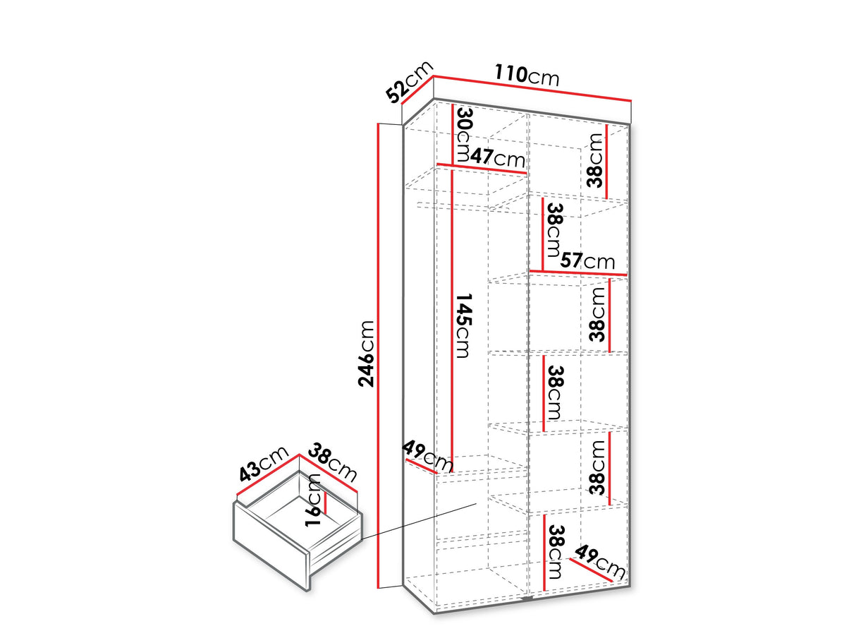 Gardróbszekrény Szafa COMO 3 100/110 (gł.40/50), Szín: Fehér, Fogantyú színe: Aranysárga, Fiókok: Igen, Szélesség: 110 cm, Mélység: 52 cm