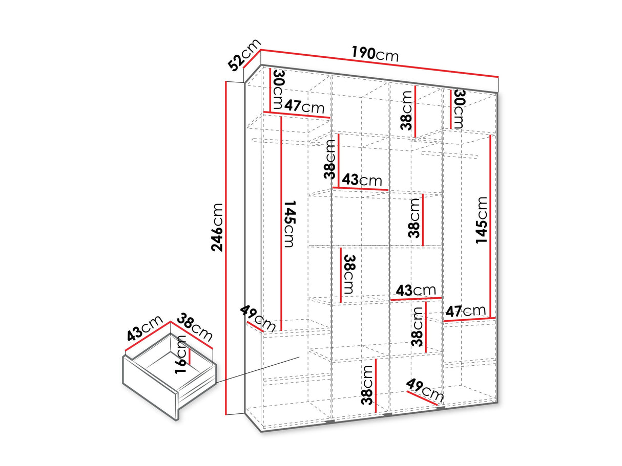Gardróbszekrény Szafa COMO 3 170/180/190/200 (gł.40/50), Szín: Kasmír, Fogantyú színe: Fekete, Fiókok: Igen, Szélesség: 190 cm, Mélység: 52 cm