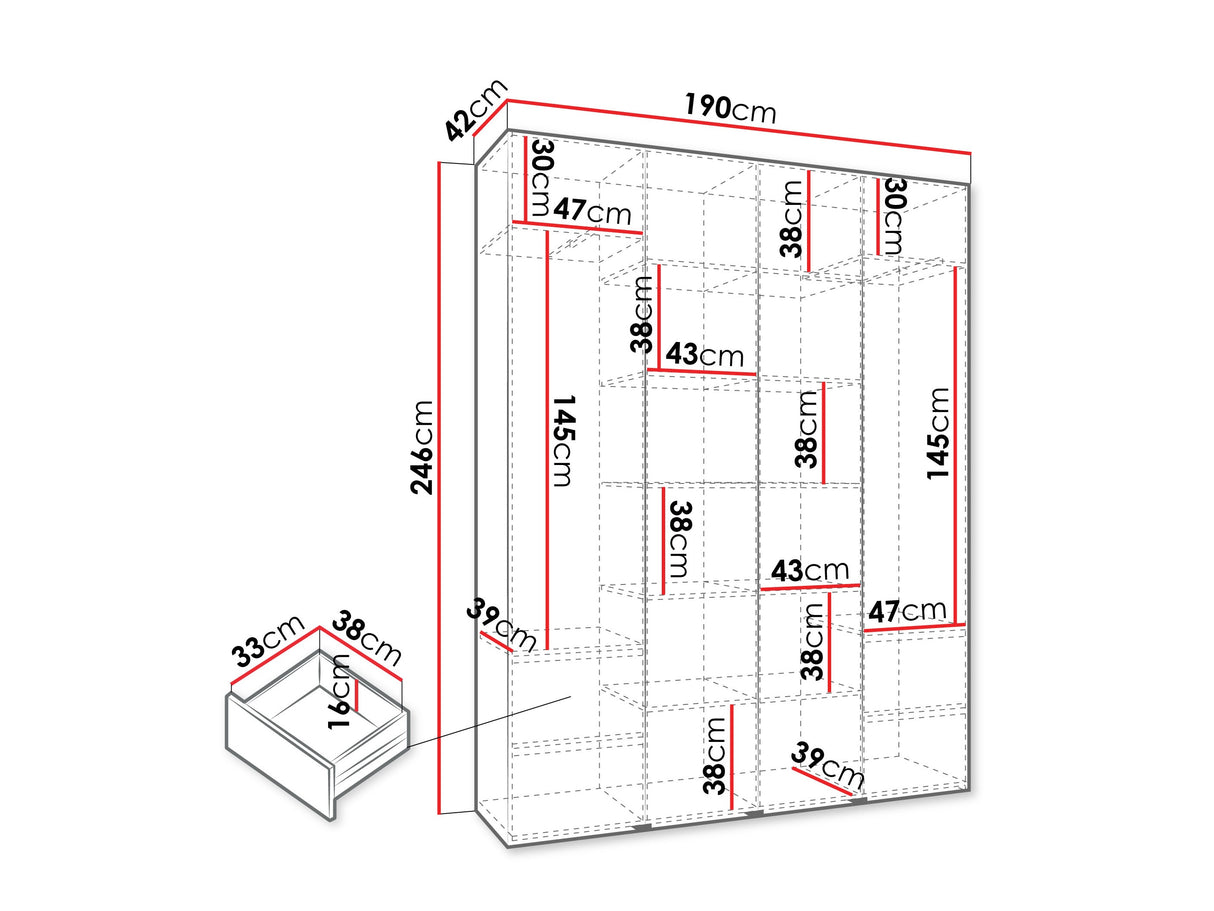 Gardróbszekrény Szafa COMO 3 170/180/190/200 (gł.40/50), Szín: Kasmír, Fogantyú színe: Aranysárga, Fiókok: Igen, Szélesség: 190 cm, Mélység: 42 cm