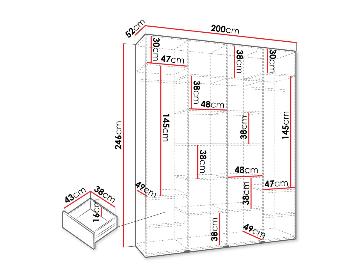 Gardróbszekrény Szafa COMO 3 170/180/190/200 (gł.40/50), Szín: Kasmír, Fogantyú színe: Fekete, Fiókok: Igen, Szélesség: 200 cm, Mélység: 52 cm