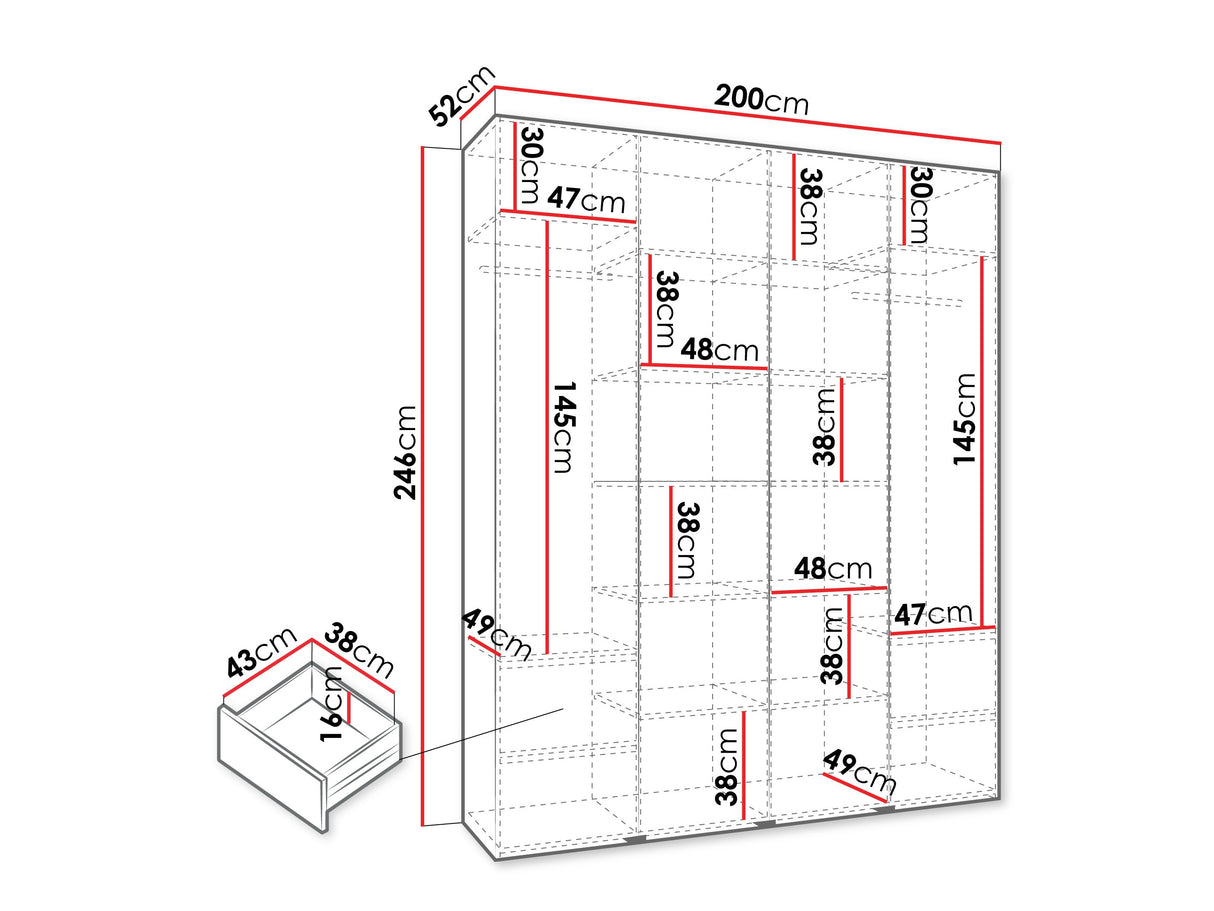 Gardróbszekrény Szafa COMO 3 170/180/190/200 (gł.40/50), Szín: Kasmír, Fogantyú színe: Aranysárga, Fiókok: Igen, Szélesség: 200 cm, Mélység: 52 cm