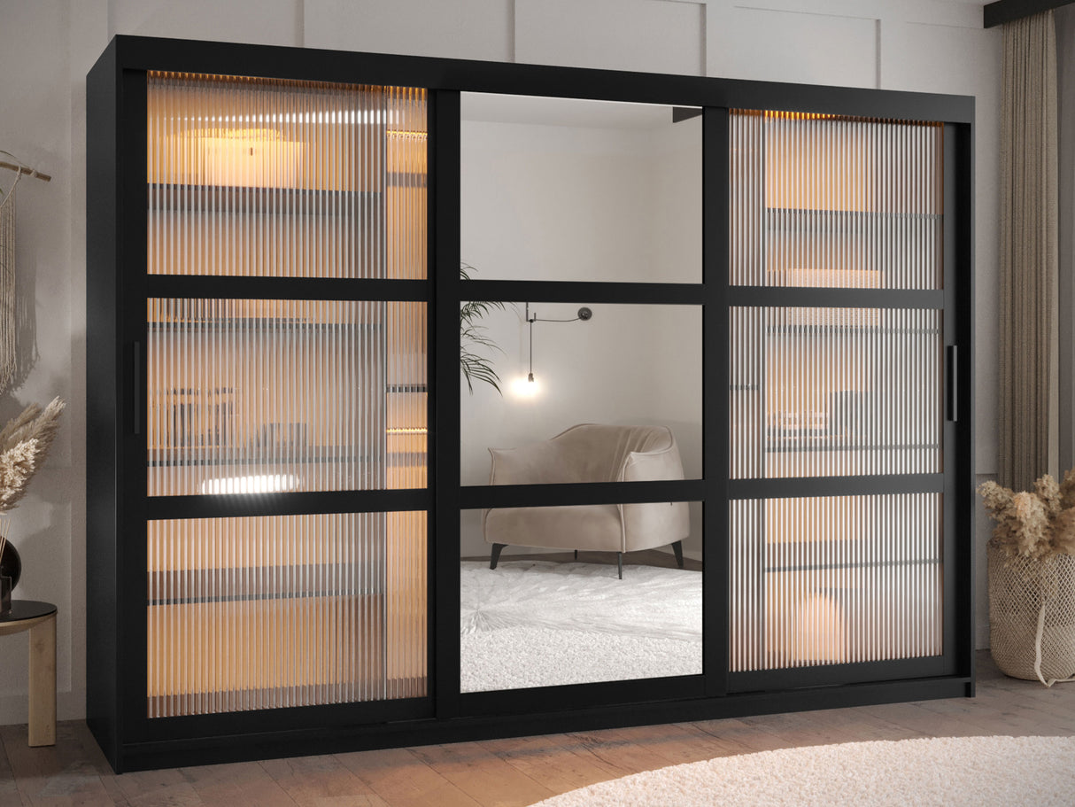 Gardróbszekrény Szafa 100 FLUTES 2, Szín: Fekete, Fiókok: Igen, Szélesség: 250 cm, Led világítás: Igen