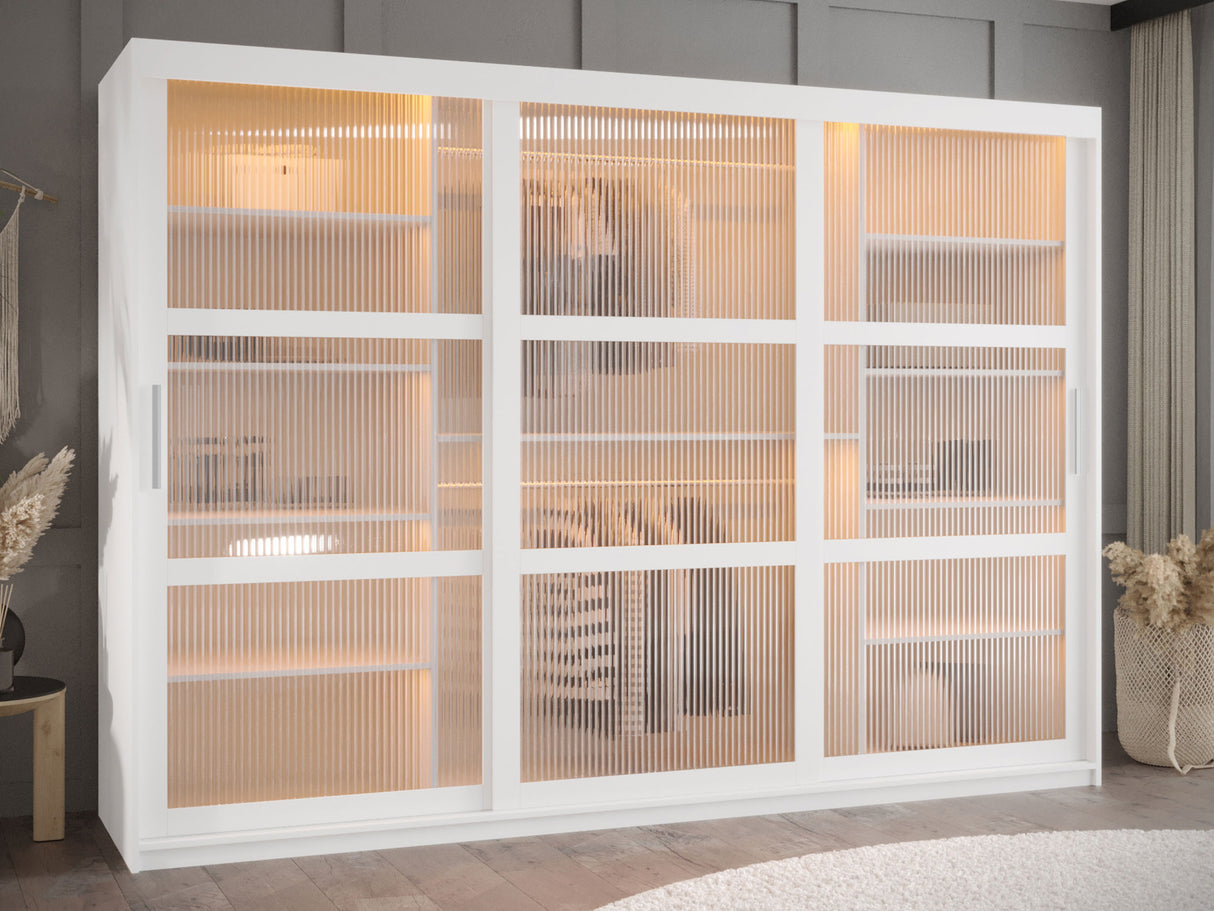 Gardróbszekrény Szafa 100 FLUTES, Szín: Fehér, Fiókok: Nem, Szélesség: 250 cm, Led világítás: Igen