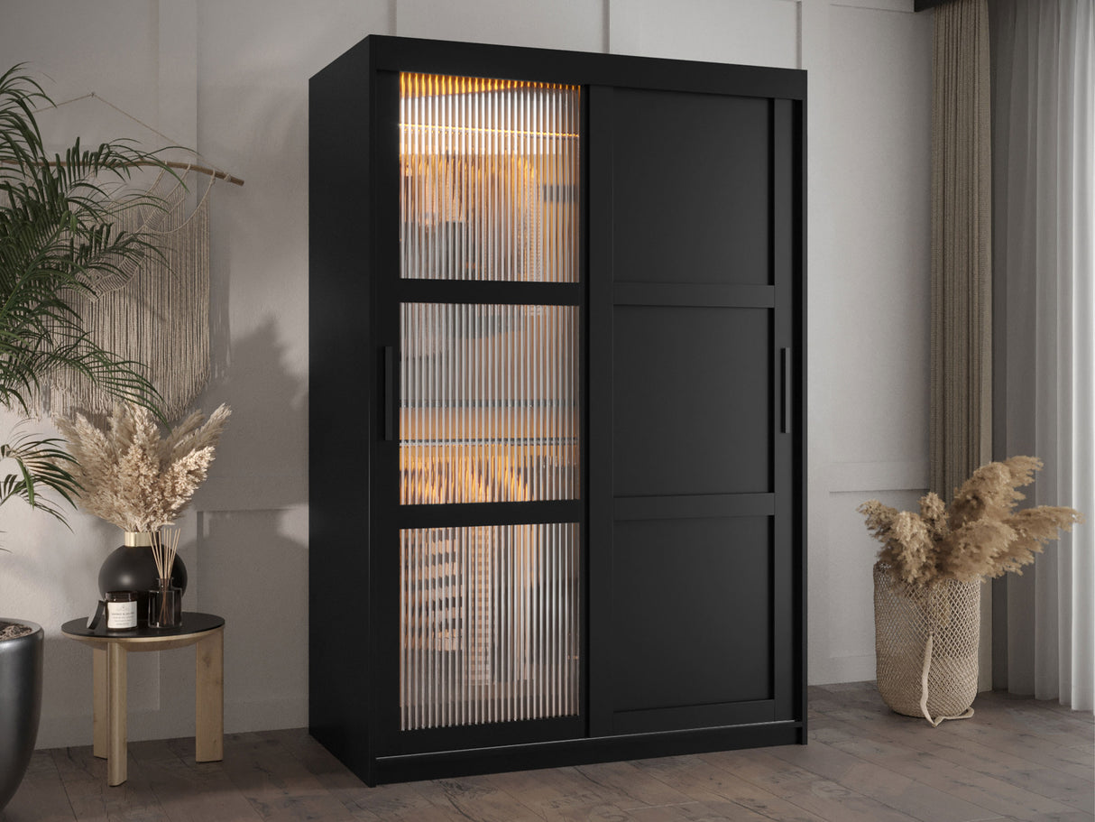 Gardróbszekrény Szafa FLUTES 3, Szín: Fekete, Fiókok: Igen, Szélesség: 120 cm, Led világítás: Igen