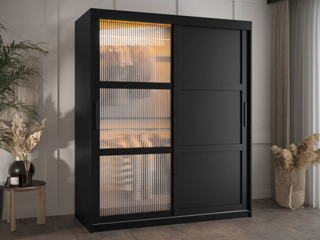 Gardróbszekrény Szafa FLUTES 3, Szín: Fekete, Fiókok: Igen, Szélesség: 150 cm, Led világítás: Igen