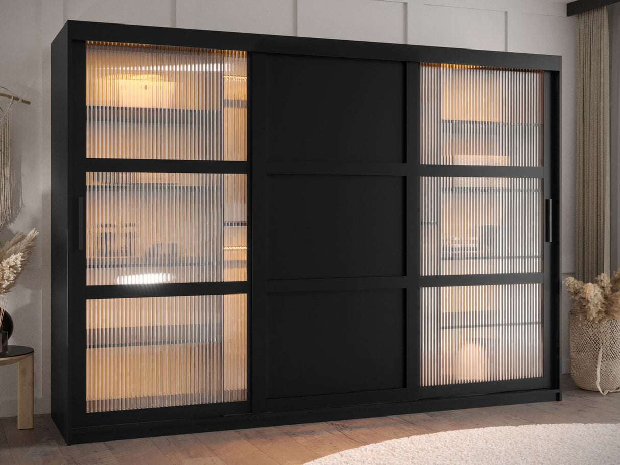 Gardróbszekrény Szafa FLUTES 3, Szín: Fekete, Fiókok: Nem, Szélesség: 250 cm, Led világítás: Igen