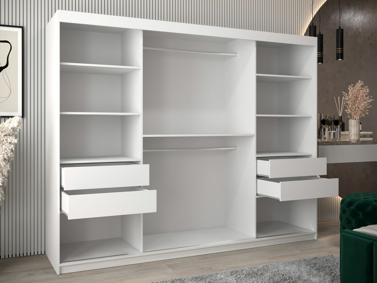 Gardróbszekrény Szafa FLUTES 3, Szín: Fehér, Fiókok: Igen, Szélesség: 250 cm, Led világítás: Nem