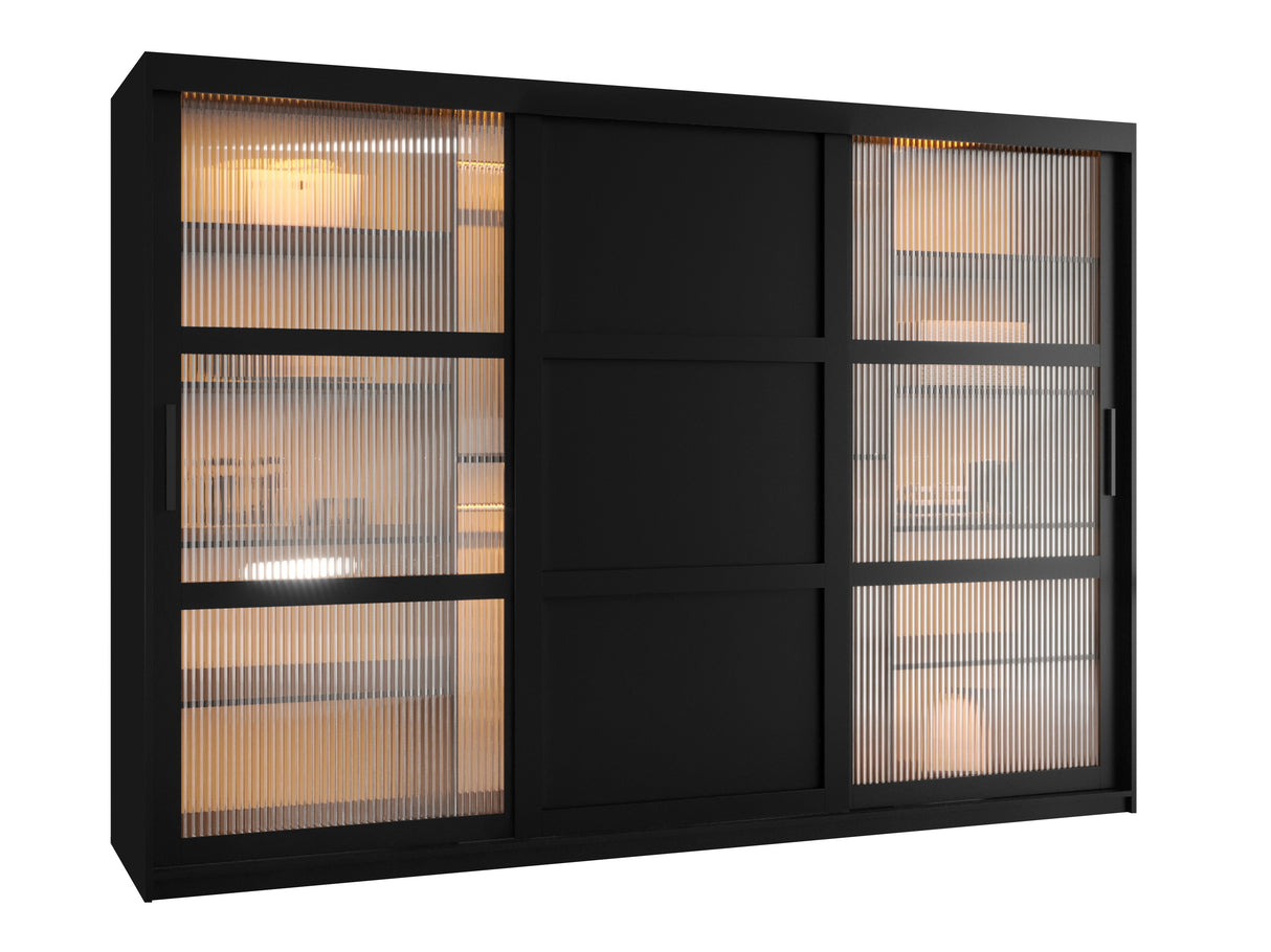 Gardróbszekrény Szafa FLUTES 3, Szín: Fekete, Fiókok: Igen, Szélesség: 250 cm, Led világítás: Igen