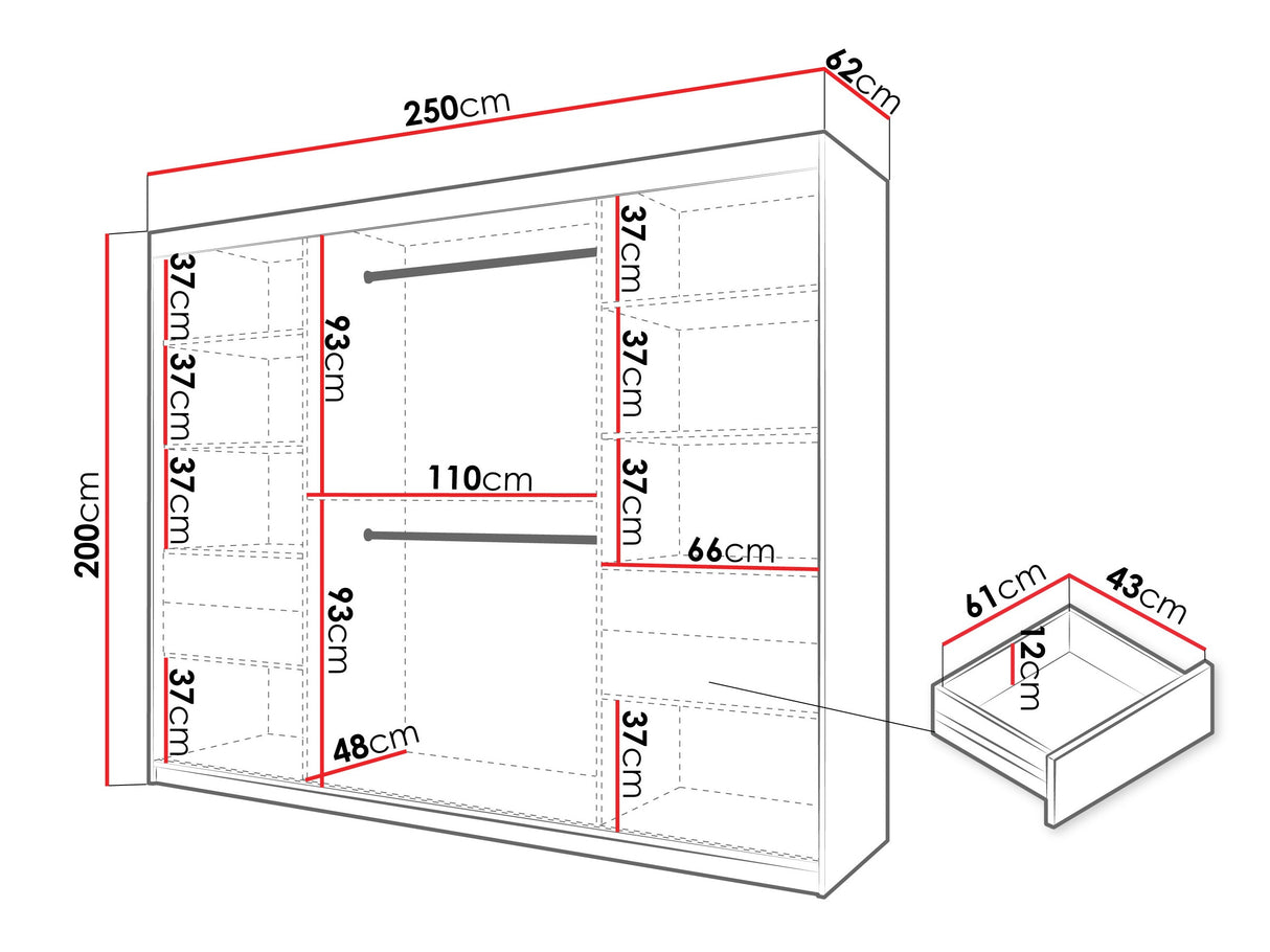 Gardróbszekrény Szafa SPOTI, Szín: Sonoma tölgy, Fiókok: Igen, Szélesség: 250 cm