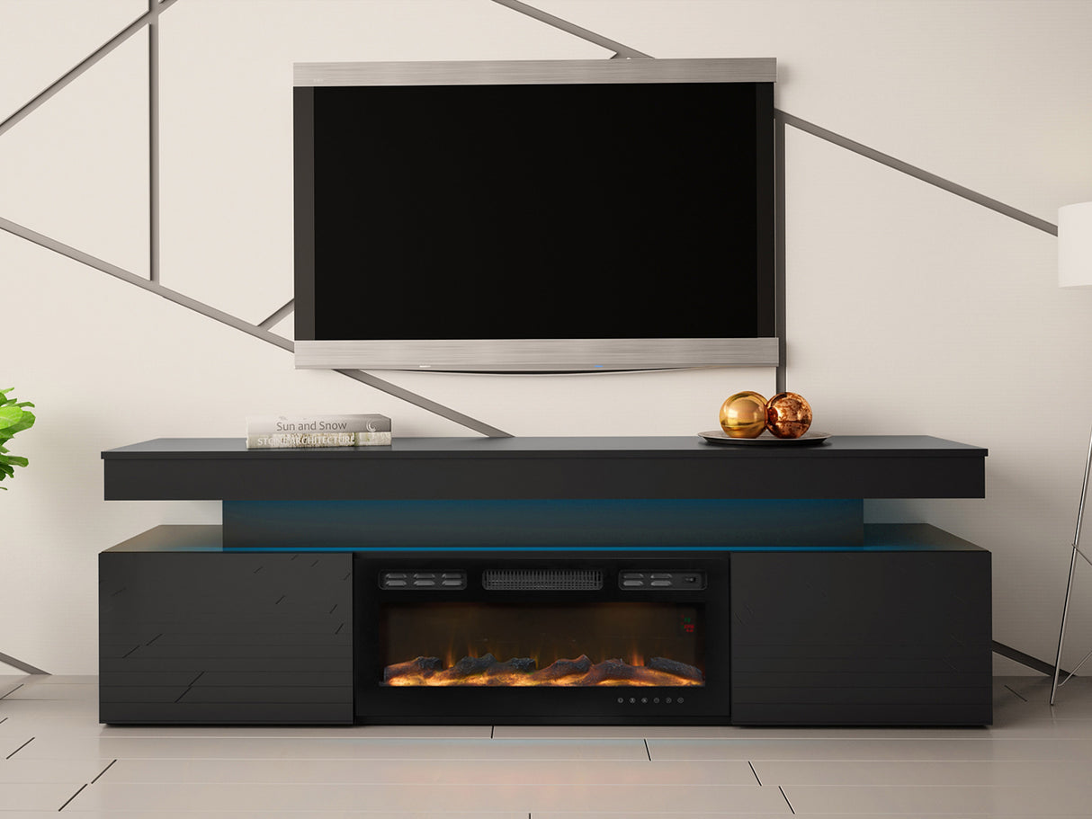 TV-állvány Szafka RTV EF 2D GLOSSA + LED + kominek (Lestirola) , Szín: Fekete + Fényes fekete 4273679