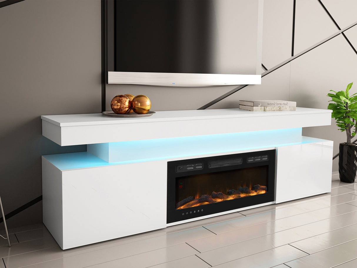 TV-állvány Szafka RTV EF 2D GLOSSA + LED + kominek (Lestirola) , Szín: Fehér + Fényes fehér 4273691