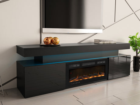 TV-állvány Szafka RTV EF 2D GLOSSA + LED + kominek (Lestirola) , Szín: Fekete + Fényes fekete 4273695