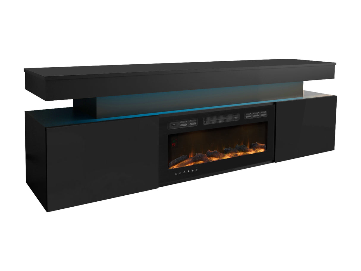 TV-állvány Szafka RTV EF 2D GLOSSA + LED + kominek (Lestirola) , Szín: Fekete + Fényes fekete 4273696