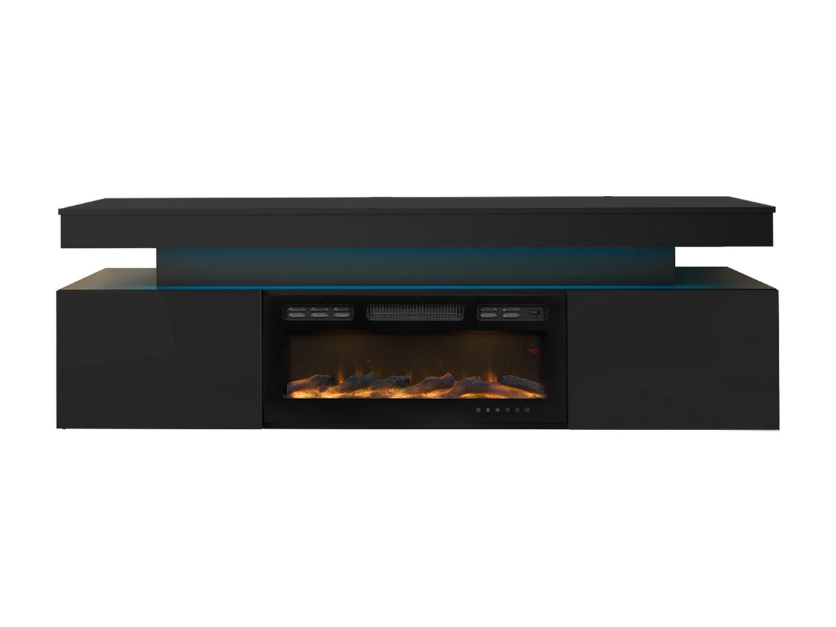 TV-állvány Szafka RTV EF 2D GLOSSA + LED + kominek (Lestirola) , Szín: Fekete + Fényes fekete 4273698