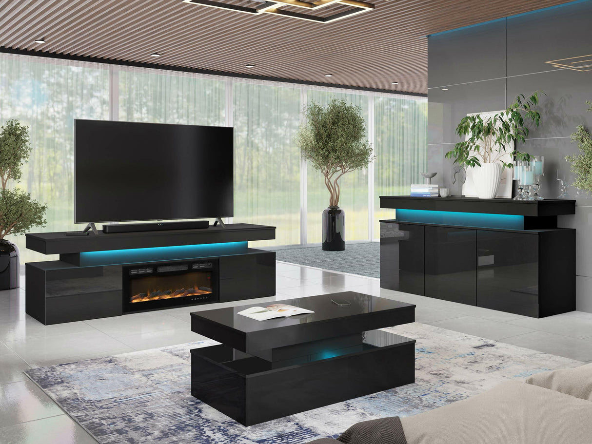 TV-állvány Szafka RTV EF 2D GLOSSA + LED + kominek (Lestirola) , Szín: Fekete + Fényes fekete 4273766