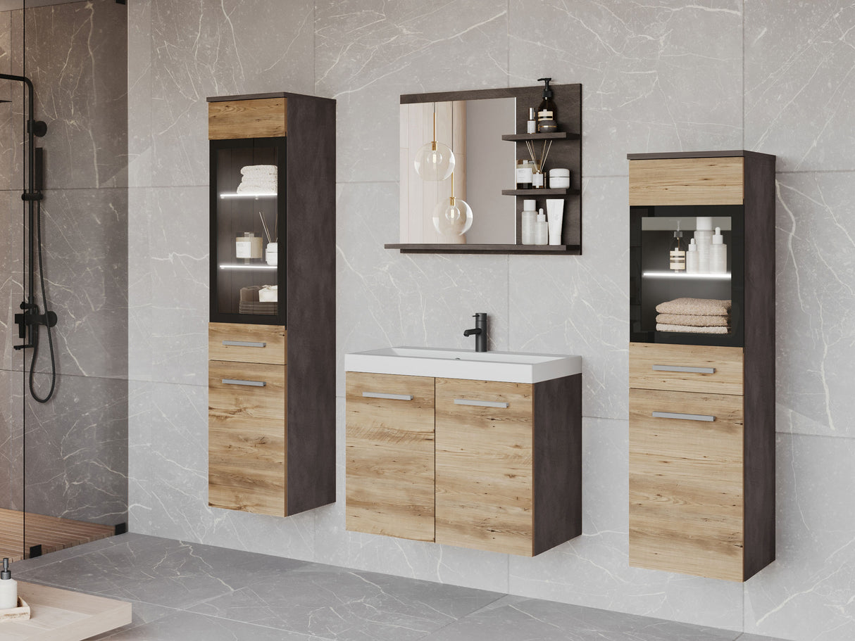 Fürdőszoba garnitúra MADRIT I, Szín: Matera szürke + Gesztenye, Led világítás: Igen fehér