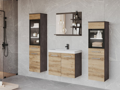 Fürdőszoba garnitúra MADRIT I, Szín: Matera szürke + Gesztenye, Led világítás: Igen fehér