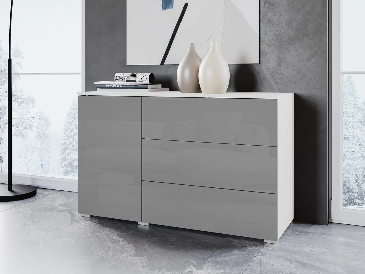 Komód PARIS 110 (Bamisio), Szín: Fehér + Fényes szürke