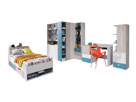 Gyerekszoba garnitúra PLANET System II (Legimi II), Szín: Fehér + Tölgy + Türkiz, Led világítás: Nem