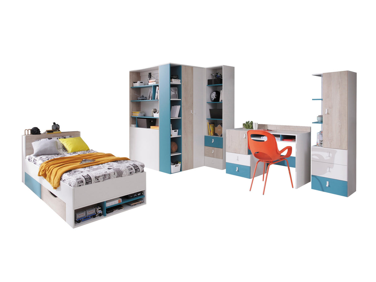 Gyerekszoba garnitúra PLANET System II (Legimi II), Szín: Fehér + Tölgy + Türkiz, Led világítás: Igen