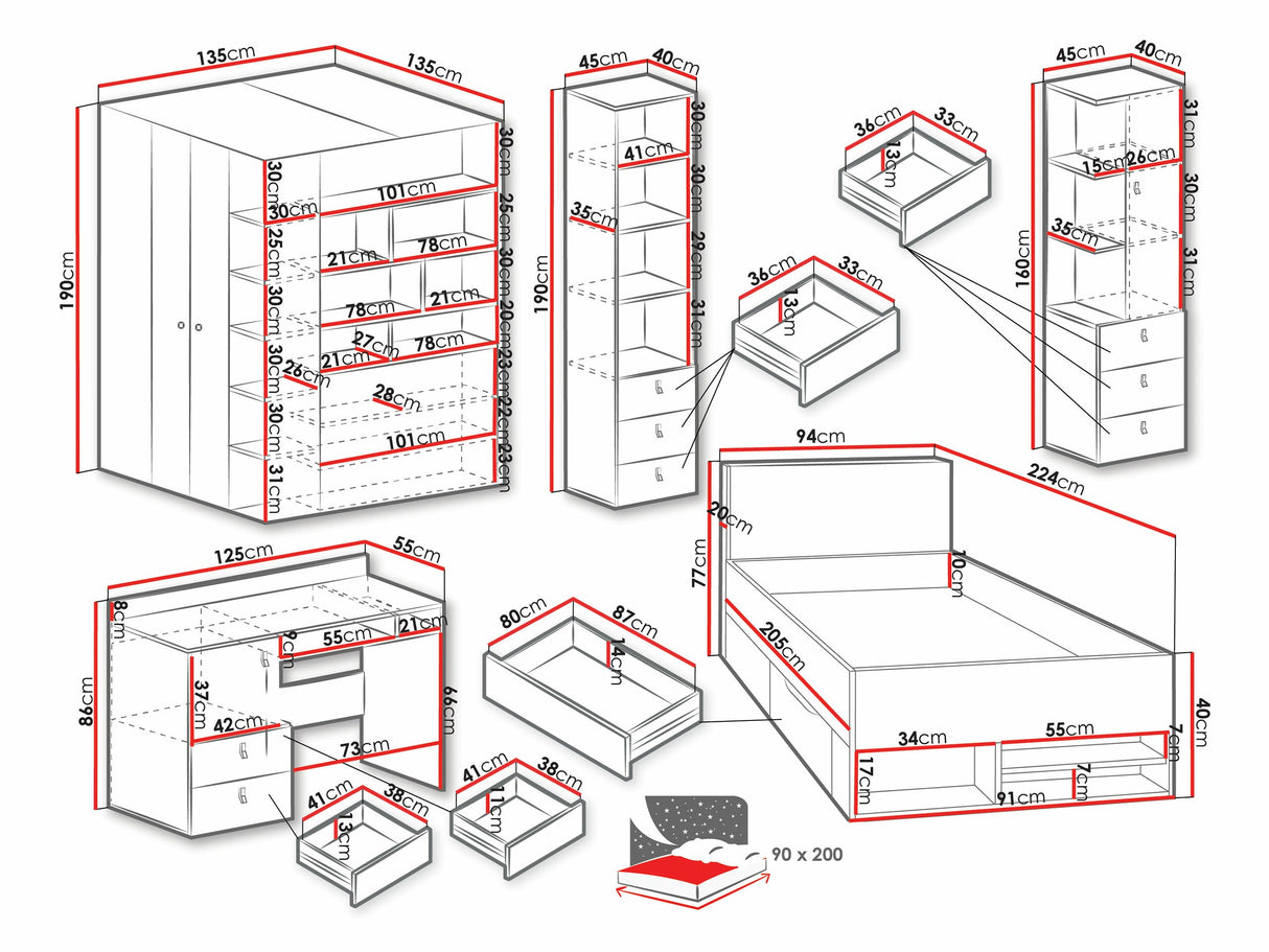Gyerekszoba garnitúra PLANET System II (Legimi II), Szín: Fekete + Tölgy + Bézs, Led világítás: Igen