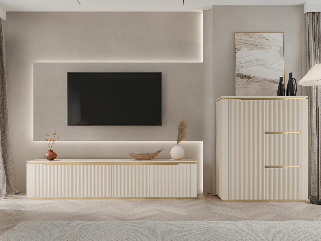 TV-állvány Szafka RTV 4K HILAFIN Beż Piaskowy + Złoty