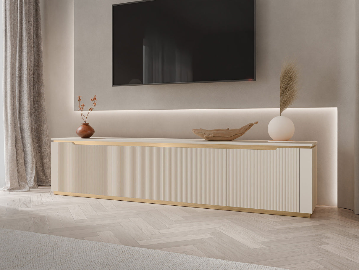 TV-állvány Szafka RTV 4K HILAFIN Beż Piaskowy + Złoty