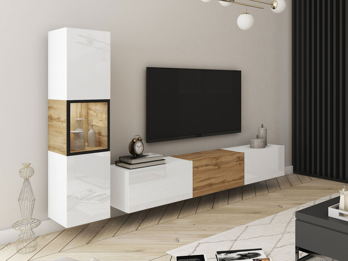 Nappali szett BERLIN I, Szín: Fehér + Wotan tölgy, Led világítás: Igen