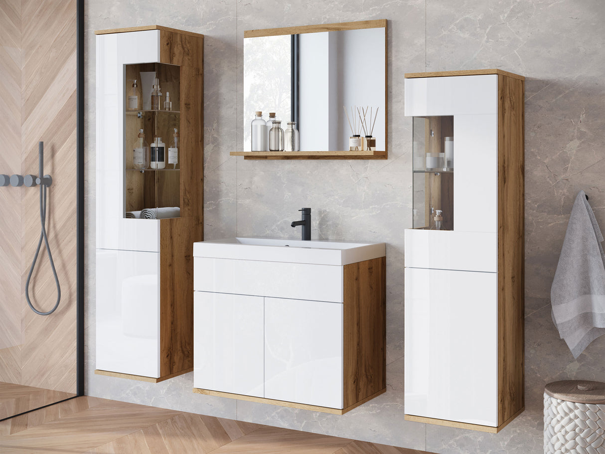 Fürdőszoba garnitúra z umywalką NAIROBI, Szín: Wotan tölgy + Fényes fehér, Led világítás: Nem