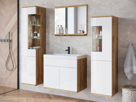 Fürdőszoba garnitúra z umywalką NAIROBI, Szín: Wotan tölgy + Fényes fehér, Led világítás: Igen