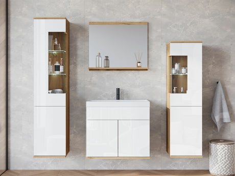 Fürdőszoba garnitúra z umywalką NAIROBI, Szín: Wotan tölgy + Fényes fehér, Led világítás: Igen