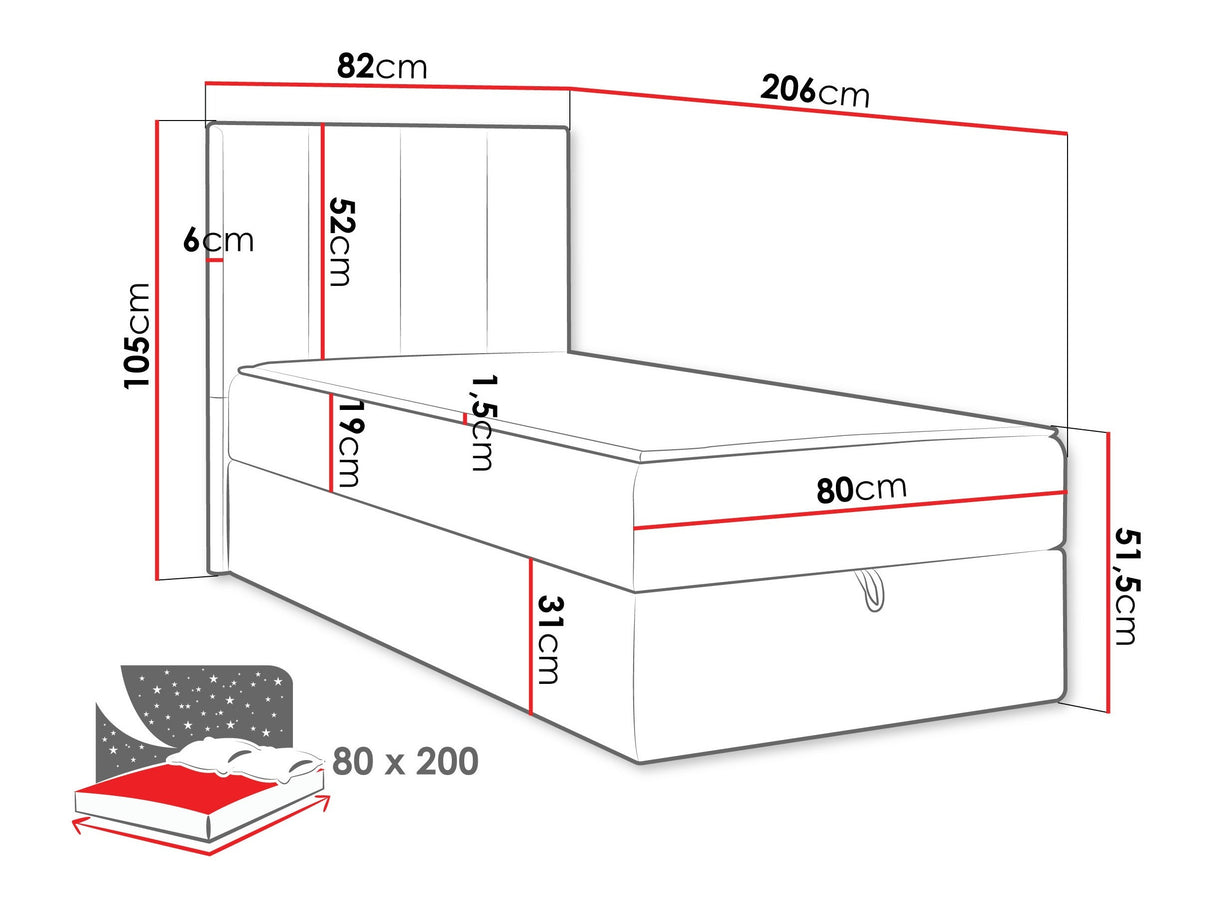 Kontinentális ágy Łoże REBOS + topper M, Szín: Lambi 08, Alvó felület mérete: 80 x 200 cm 4968902